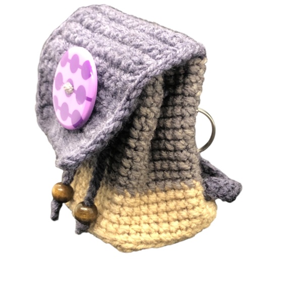 Whimsical Crochet Backpack Keychain – Grape Tan Colorblock, Pom Poms, & Beads - Picture 11 of 12